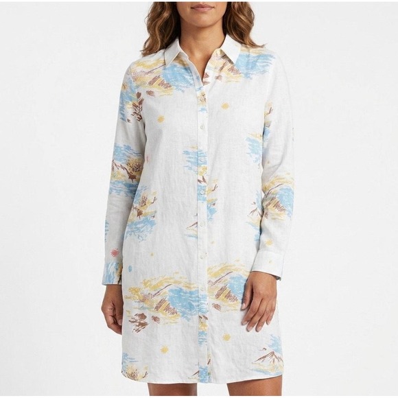 Calypso St. Barth Dresses & Skirts - Calypso St Barth L Linen Postcard Print Shirt Dress Monaco Menton Nice Roll Tab